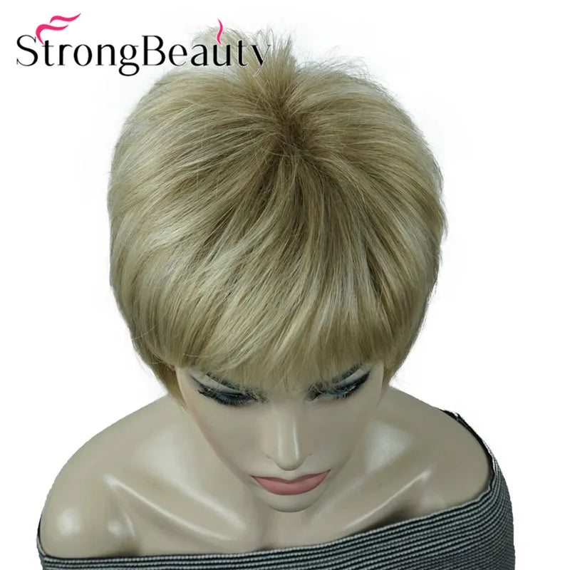 StrongBeauty-Perruques Synthétiques Courtes Droites, Cheveux Doux, Layered Shag, Ombre Blonde