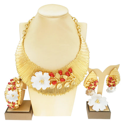 Zhuerrui Two Tone Italian Gold Jewelry Sets Necklace Bracelet Earrings Ring Bridal Western Heavy Wedding Fine Jewelry Set H00497