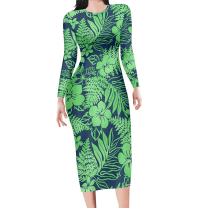 Robe - Nouvelle Arrivée Vert Plumeria Avec Feuille Polynésien Tribal Design Rétro À La mode