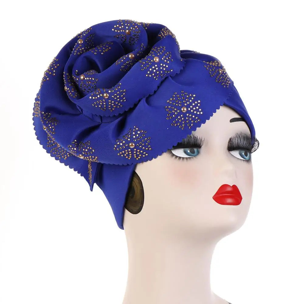 Chapeau Turban à grande fleur pour femmes, casquette Hijab musulmane, diamants, enveloppe de tête, Bandana, casquette de chimio, chapeau africain, 2023