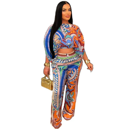 W0863 Latest 2024 Paisley Print Flare Sleeve Crop Top Wide Leg Pants Elegant Two Piece Set