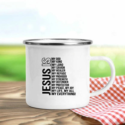 Jésus est Dieu imprimer tasses en émail chrétien créatif tasses à café boisson Dessert petit déjeuner lait tasse Vintage tasse poignée Drinkware cadeau