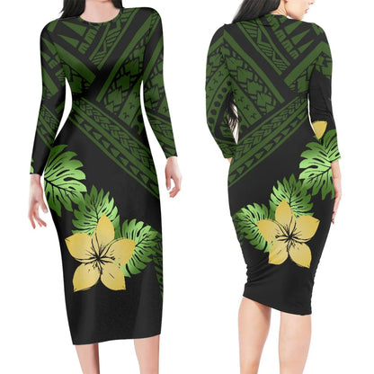 Robe - Nouvelle Arrivée Vert Plumeria Avec Feuille Polynésien Tribal Design Rétro À La mode