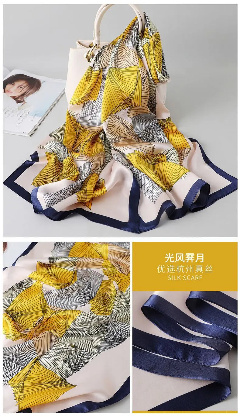 100% foulard en soie pour femmes longue impression luxe châles en soie naturelle enveloppes bleu Floral été dames foulard pur véritable foulards en soie