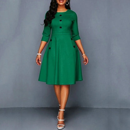 Robes trapèze élégantes pour femmes, couleur unie, mode col rond, simple boutonnage, poches décoratives, taille haute, robe de soirée Slim