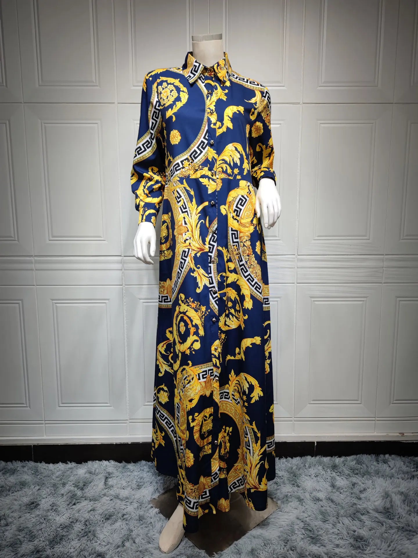Hot Selling Printed Polyester Shirt Dress European American Middle East  Independent Station Turkish Abaya Muslim Women Dress