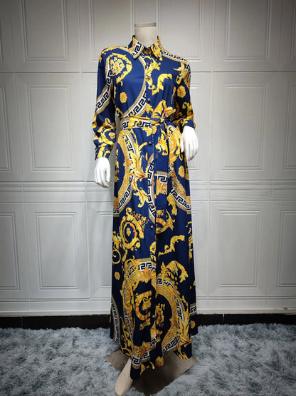 Hot Selling Printed Polyester Shirt Dress European American Middle East  Independent Station Turkish Abaya Muslim Women Dress