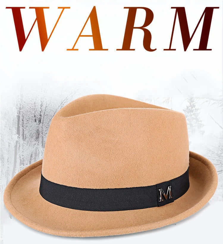 Hommes hiver épais chaud feutre Fedora chapeaux laine Gentleman Jazz casquette homburg mâle classique à bord étroit chapeau haut-de-forme