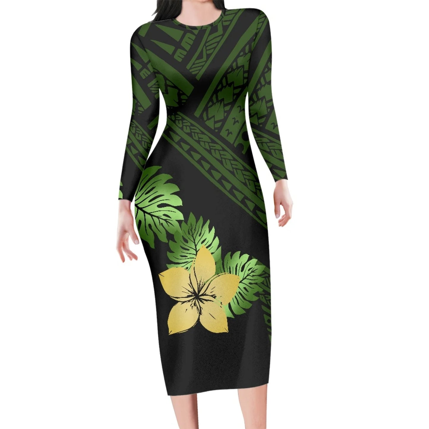 Robe - Nouvelle Arrivée Vert Plumeria Avec Feuille Polynésien Tribal Design Rétro À La mode