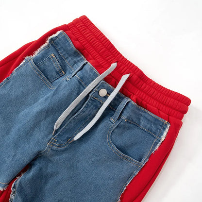 K24PT316 Fashion Autumn Winter Hip Hop Casual Motorcycle Color Patchwork Denim Cargo Straight Trousers Sweatpants Women Pant