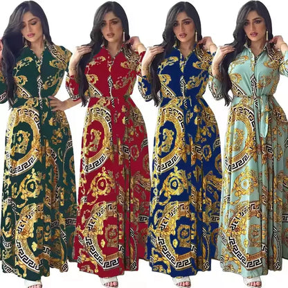 Hot Selling Printed Polyester Shirt Dress European American Middle East  Independent Station Turkish Abaya Muslim Women Dress
