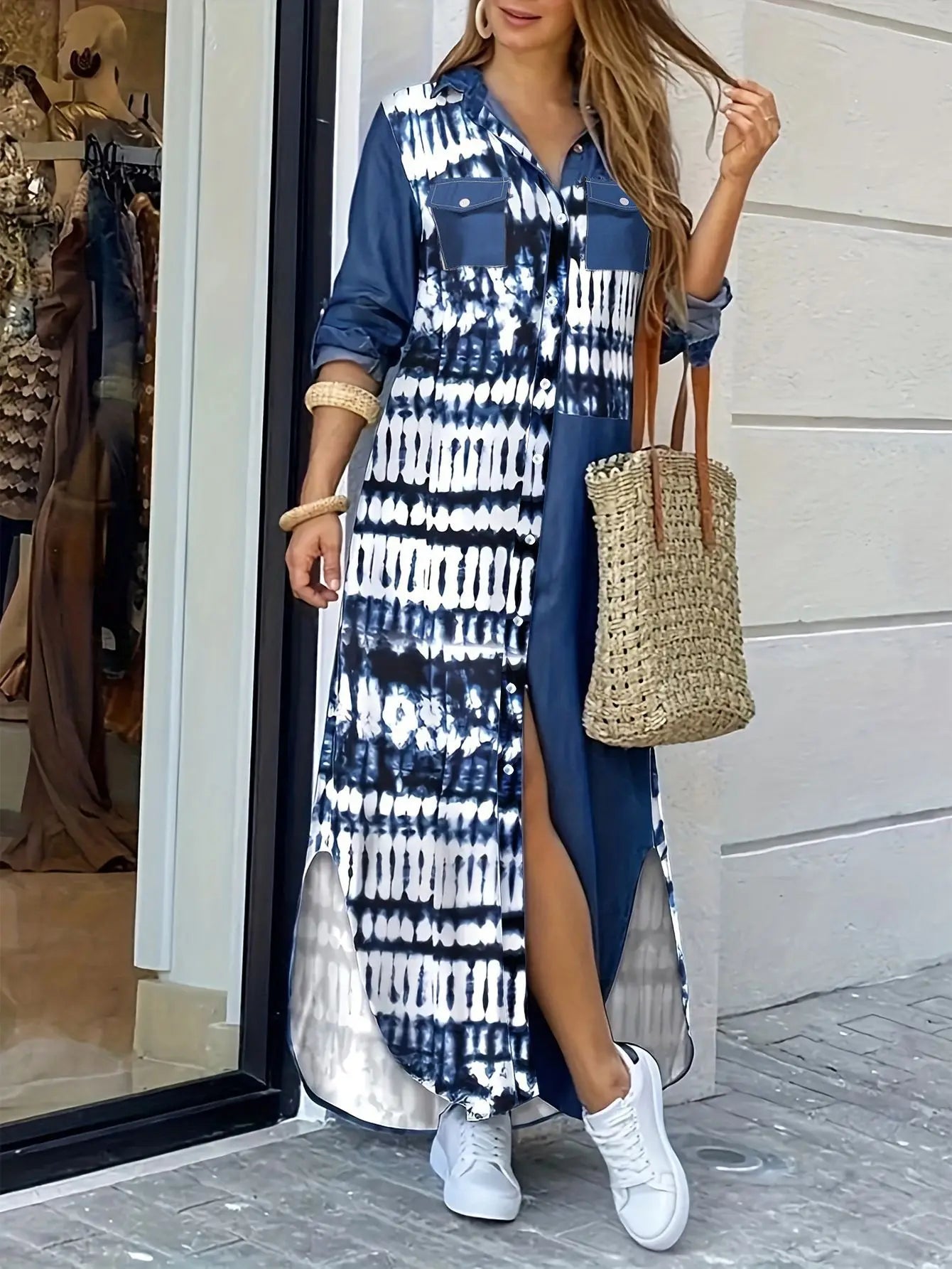 Women's Casual Long Floor-Length Dress New Fashion Elegant Loose Printed Shirt Dress with Solid Pattern