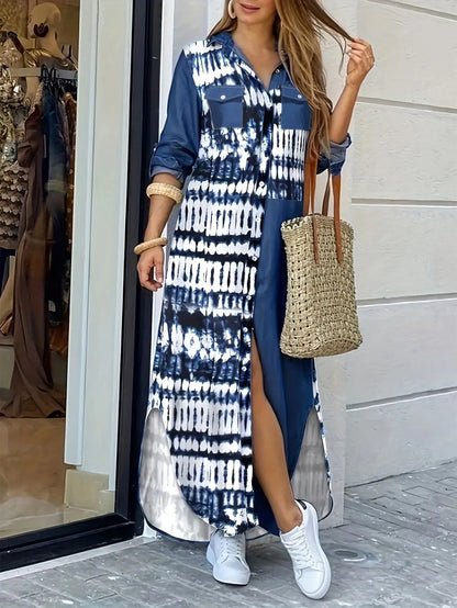 Women's Casual Long Floor-Length Dress New Fashion Elegant Loose Printed Shirt Dress with Solid Pattern
