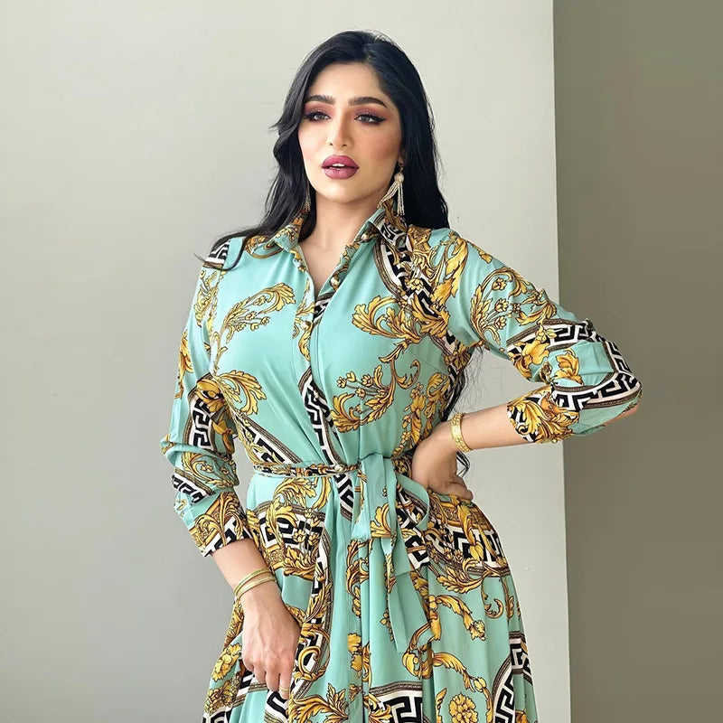 Hot Selling Printed Polyester Shirt Dress European American Middle East  Independent Station Turkish Abaya Muslim Women Dress