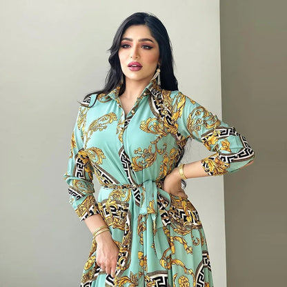 Hot Selling Printed Polyester Shirt Dress European American Middle East  Independent Station Turkish Abaya Muslim Women Dress