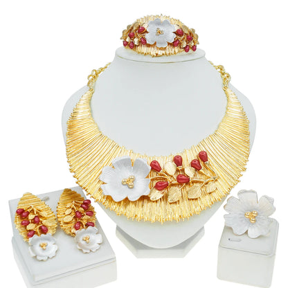 Zhuerrui Two Tone Italian Gold Jewelry Sets Necklace Bracelet Earrings Ring Bridal Western Heavy Wedding Fine Jewelry Set H00497