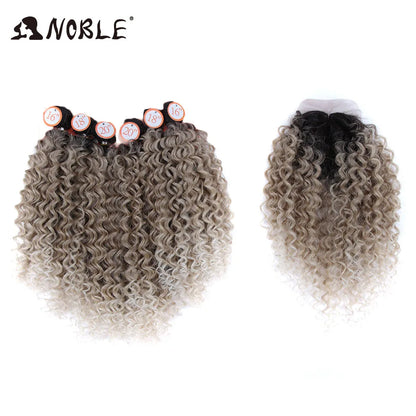 Noble tissage de cheveux synthétiques 16-20 pouces 7 pièces/lot Afro crépus bouclés paquets de cheveux avec fermeture dentelle synthétique pour les femmes noires
