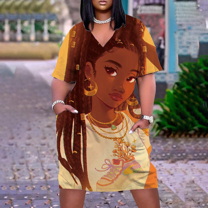 Robe d'été imprimée portrait 3D pour femmes, mode bohème, manches courtes, midi, col en v, vêtements de plage, vintage