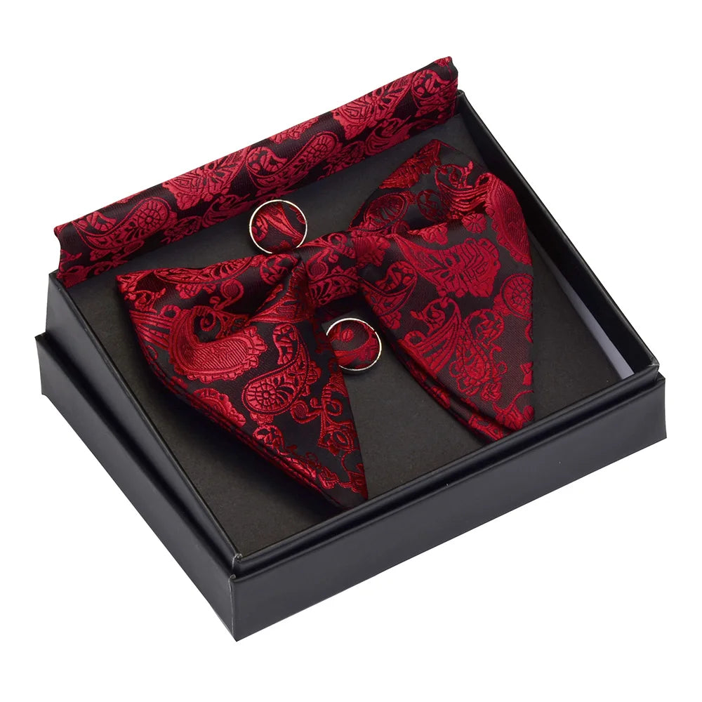 GUSLESON Paisley grand noeud papillon hommes bleu rouge jaune noeud papillon poche carré boutons de manchette ensemble avec boîte-cadeau soie mariage cravate pour homme