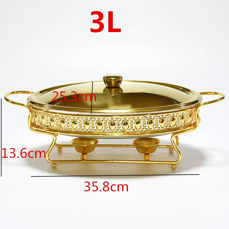 Plat de service en verre en acier inoxydable, petit réchaud, chauffe-plats, Buffet de luxe, ovale doré, hôtel, bol à friction de mariage