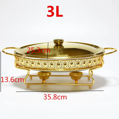 Plat de service en verre en acier inoxydable, petit réchaud, chauffe-plats, Buffet de luxe, ovale doré, hôtel, bol à friction de mariage