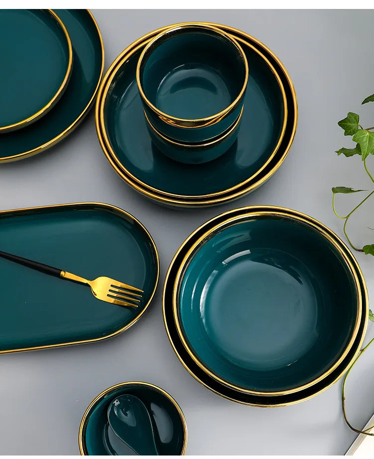 Assiette en céramique verte à bord doré, assiettes à Steak, bols, plat à dîner, ensemble de vaisselle luxueux en porcelaine pour hôtel familial