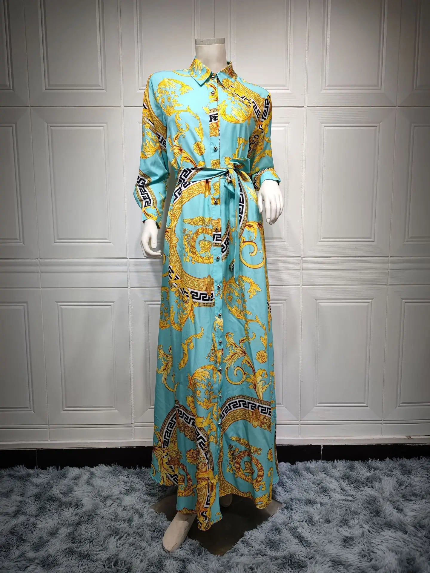Hot Selling Printed Polyester Shirt Dress European American Middle East  Independent Station Turkish Abaya Muslim Women Dress