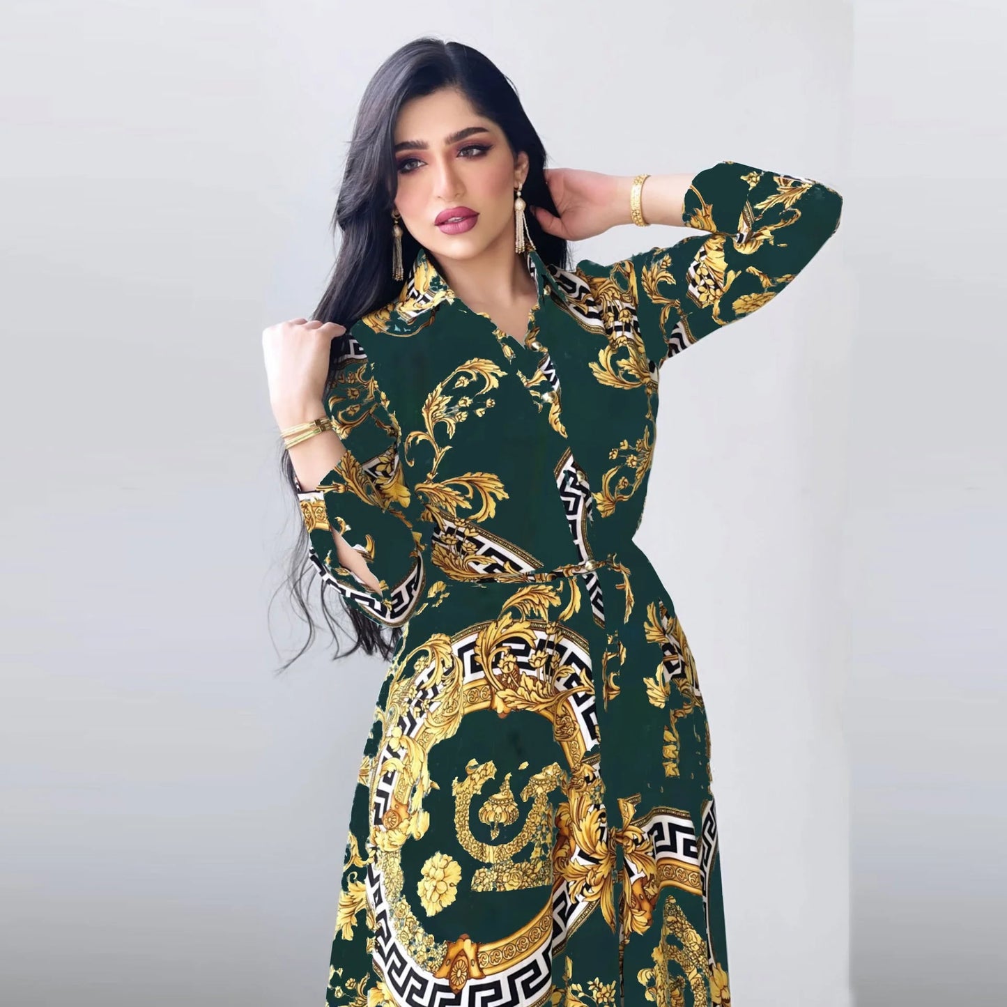 Hot Selling Printed Polyester Shirt Dress European American Middle East  Independent Station Turkish Abaya Muslim Women Dress