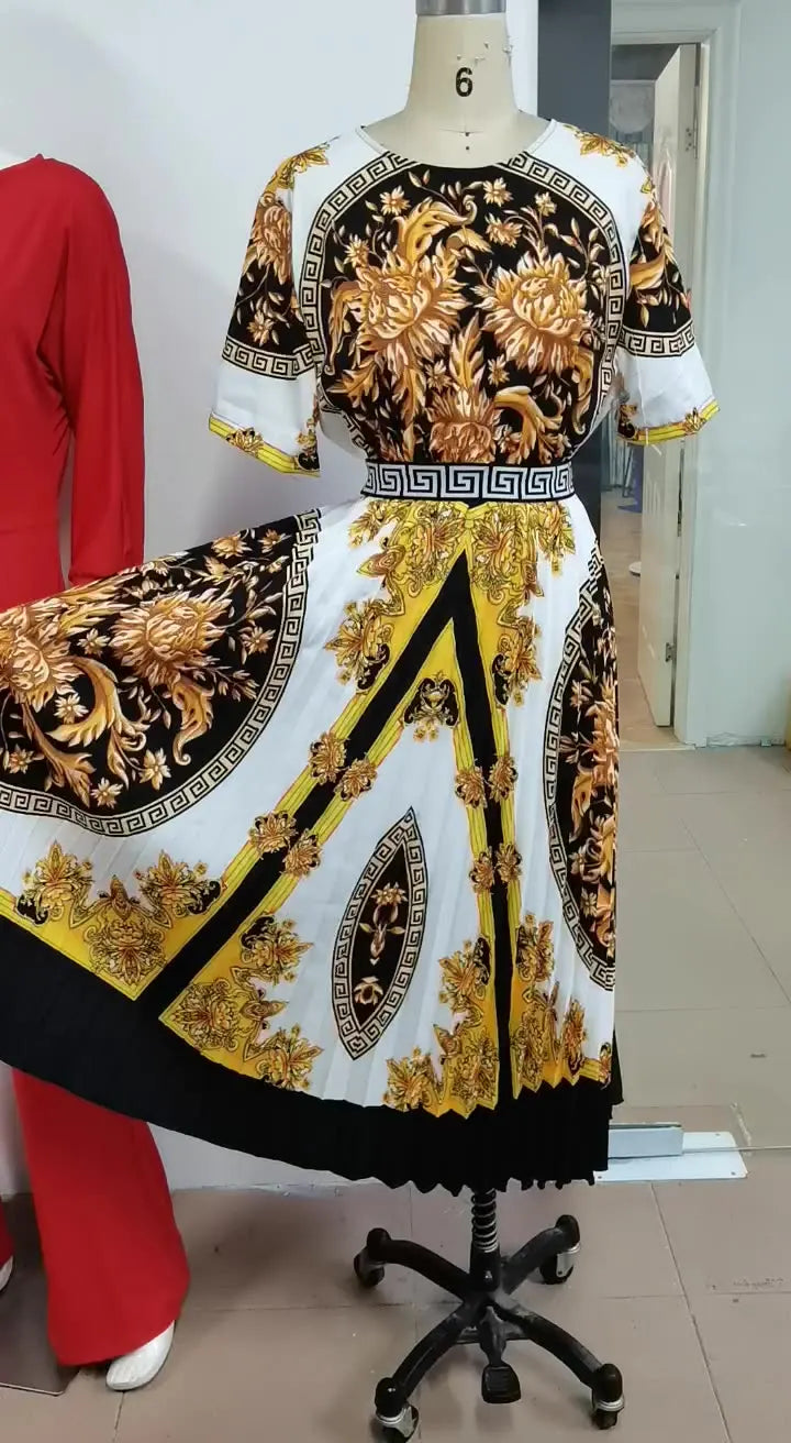 New Large Size Fashion High Waist Long Skirt Designer Quality Product Printing Temperament Pleated Women's Dress