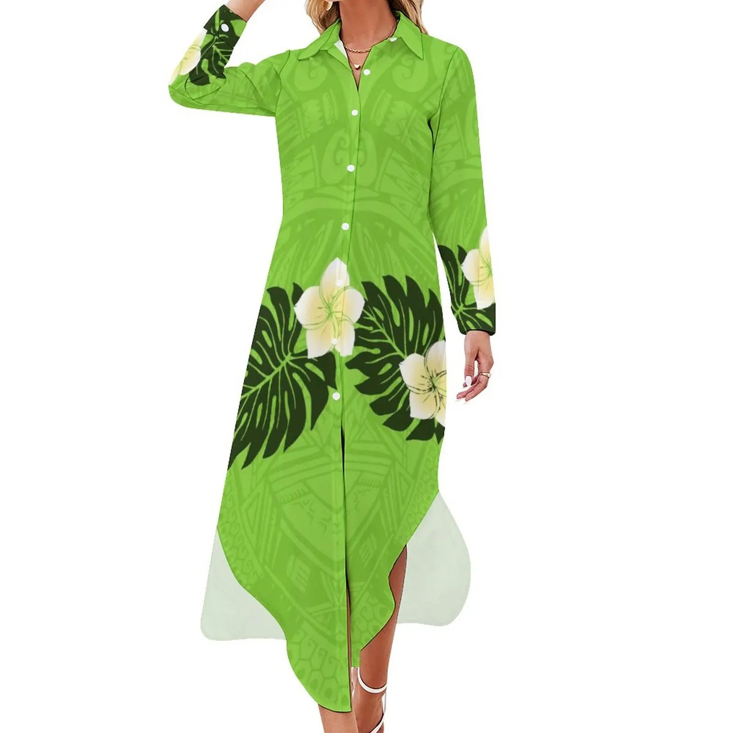 Personality Lime Green Polynesian Print Maxi Dress Elegant Women Shirt Dresses Custom Clothing Plus Size Dress Skirts