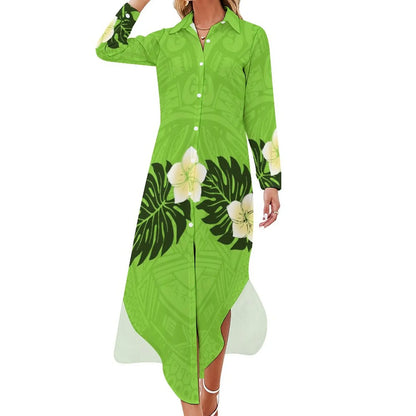 Personality Lime Green Polynesian Print Maxi Dress Elegant Women Shirt Dresses Custom Clothing Plus Size Dress Skirts