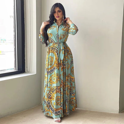 Hot Selling Printed Polyester Shirt Dress European American Middle East  Independent Station Turkish Abaya Muslim Women Dress