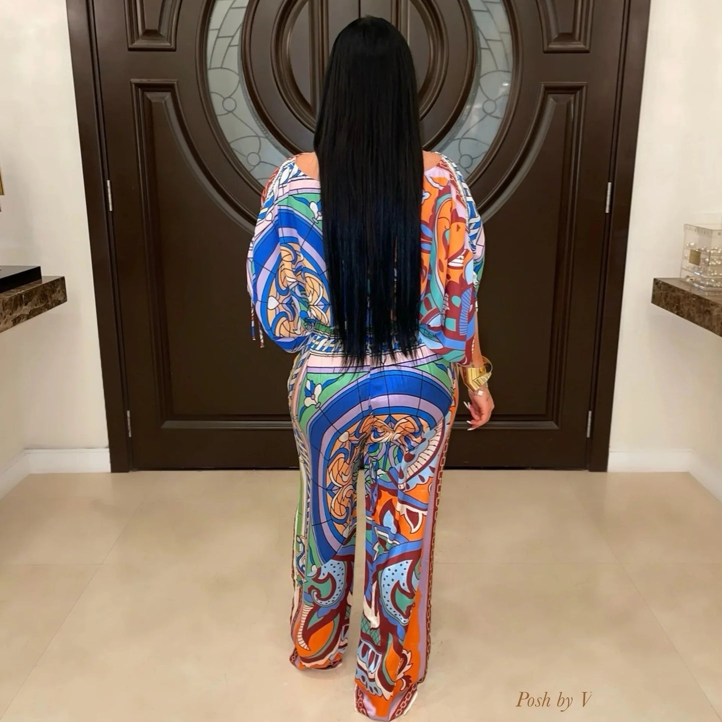 W0863 Latest 2024 Paisley Print Flare Sleeve Crop Top Wide Leg Pants Elegant Two Piece Set