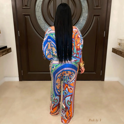 W0863 Latest 2024 Paisley Print Flare Sleeve Crop Top Wide Leg Pants Elegant Two Piece Set