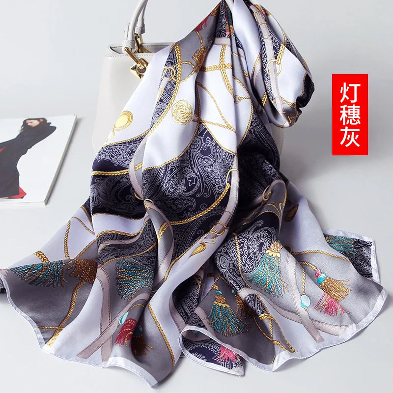 100% foulard en soie pour femmes longue impression luxe châles en soie naturelle enveloppes bleu Floral été dames foulard pur véritable foulards en soie