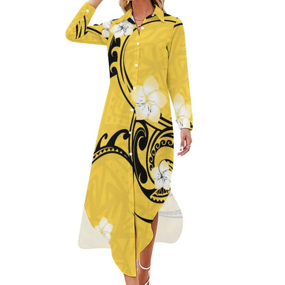 Personality Lime Green Polynesian Print Maxi Dress Elegant Women Shirt Dresses Custom Clothing Plus Size Dress Skirts