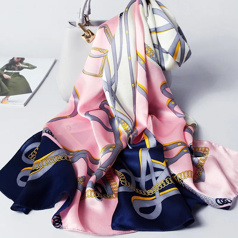 100% foulard en soie pour femmes longue impression luxe châles en soie naturelle enveloppes bleu Floral été dames foulard pur véritable foulards en soie