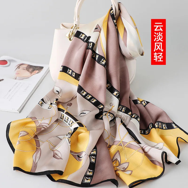 100% foulard en soie pour femmes longue impression luxe châles en soie naturelle enveloppes bleu Floral été dames foulard pur véritable foulards en soie