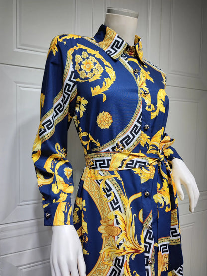 Hot Selling Printed Polyester Shirt Dress European American Middle East  Independent Station Turkish Abaya Muslim Women Dress