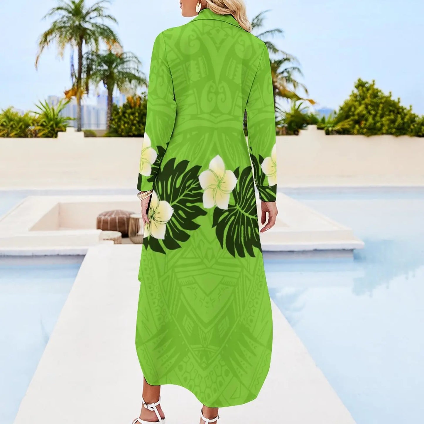 Personality Lime Green Polynesian Print Maxi Dress Elegant Women Shirt Dresses Custom Clothing Plus Size Dress Skirts