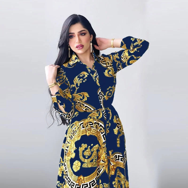 Hot Selling Printed Polyester Shirt Dress European American Middle East  Independent Station Turkish Abaya Muslim Women Dress