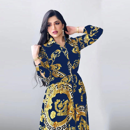 Hot Selling Printed Polyester Shirt Dress European American Middle East  Independent Station Turkish Abaya Muslim Women Dress