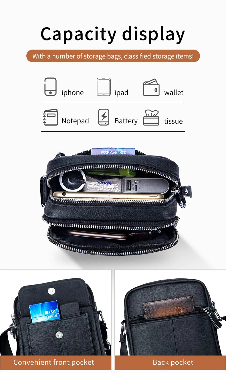 Bullcaptain décontracté hommes sacs à bandoulière affaires sac de messager de haute qualité hommes en cuir de vache sac Mini grande capacité poche