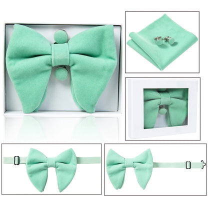 Ricnais velours grand noeud papillon hommes noeuds papillon poche carré boutons de manchette ensemble solide rouge bleu mouchoir cravate pour homme cadeau de mariage