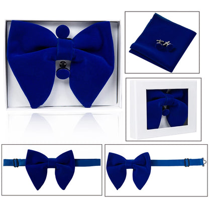 Ricnais velours grand noeud papillon hommes noeuds papillon poche carré boutons de manchette ensemble solide rouge bleu mouchoir cravate pour homme cadeau de mariage