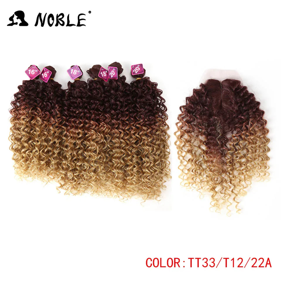 Noble tissage de cheveux synthétiques 16-20 pouces 7 pièces/lot Afro crépus bouclés paquets de cheveux avec fermeture dentelle synthétique pour les femmes noires
