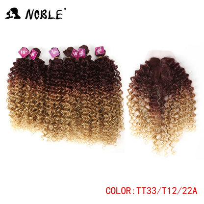 Noble tissage de cheveux synthétiques 16-20 pouces 7 pièces/lot Afro crépus bouclés paquets de cheveux avec fermeture dentelle synthétique pour les femmes noires