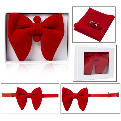 Ricnais velours grand noeud papillon hommes noeuds papillon poche carré boutons de manchette ensemble solide rouge bleu mouchoir cravate pour homme cadeau de mariage