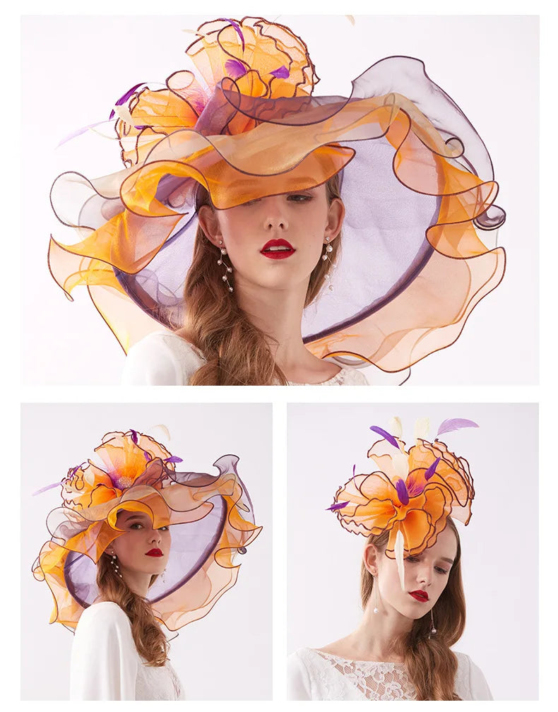 FS Organza Kentucky Derby Fascinators chapeau pour femmes dames à large bord chapeaux de soleil fleurs élégant mariage mariée église fête Fedoras