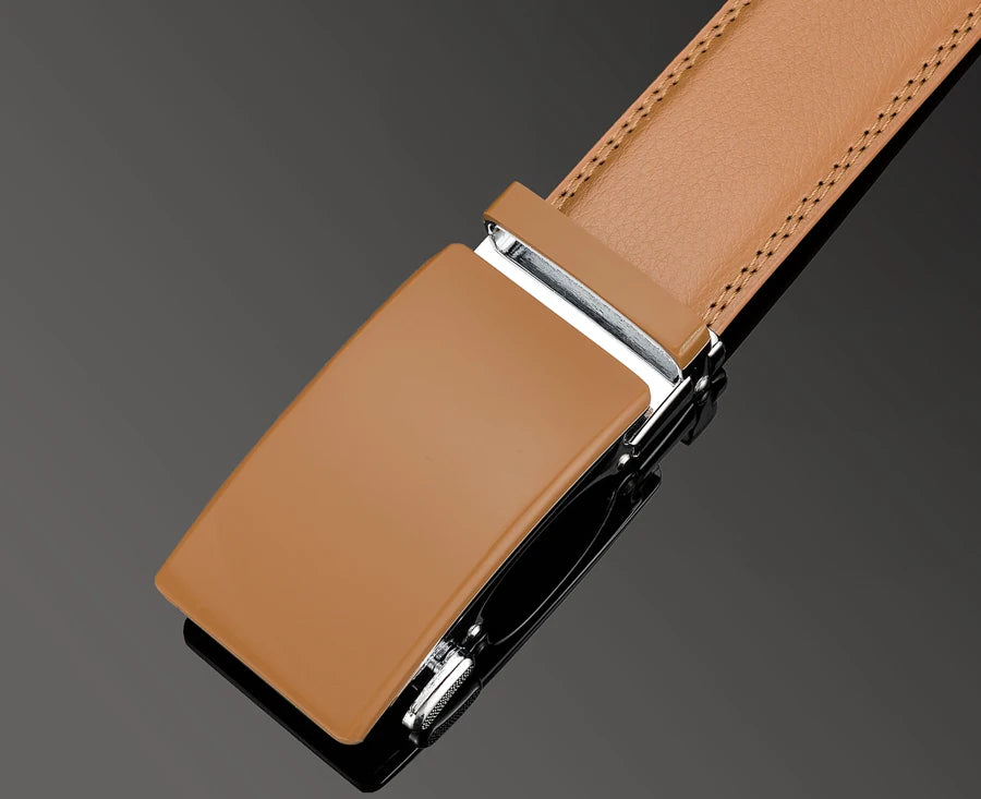 Plyesxale-Ceinture en cuir véritable pour homme, ceinture habillée à cliquet, haute qualité, automatique, bleu, rouge, marron clair, environnement B36